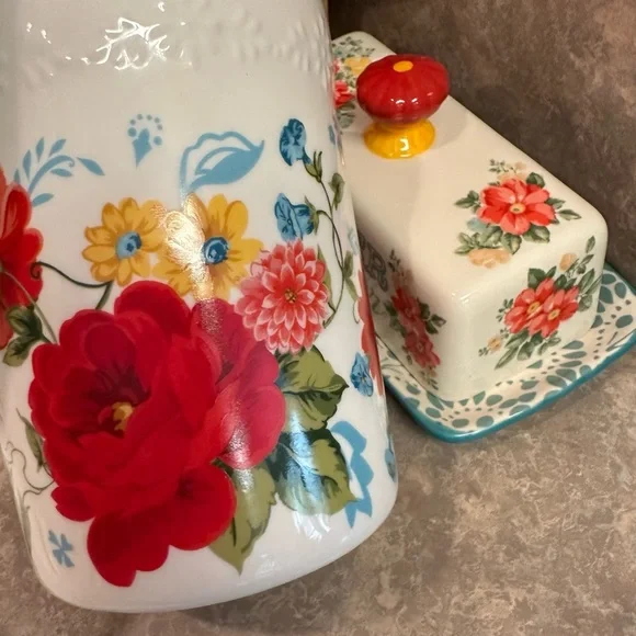 Pioneer Woman Floral Ceramic Butter Dish and Utensil holder Set - Picture 1 of 10